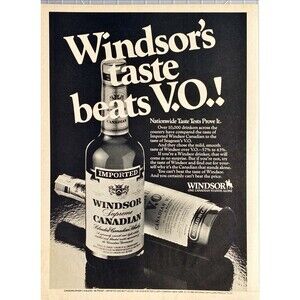 Windsor Supreme Canadian Whiskey "Taste beats V.O.!" Vintage Print Ad 1982